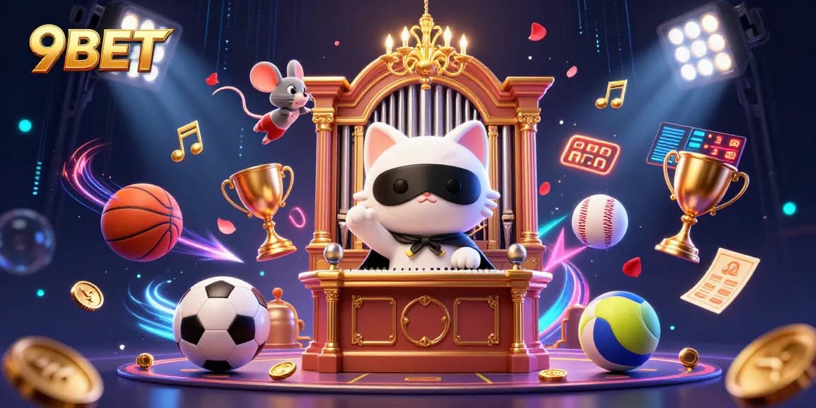 Experience 9BET's vivid 3D illustration showcasing vibrant casino elements and dynamic sports action.