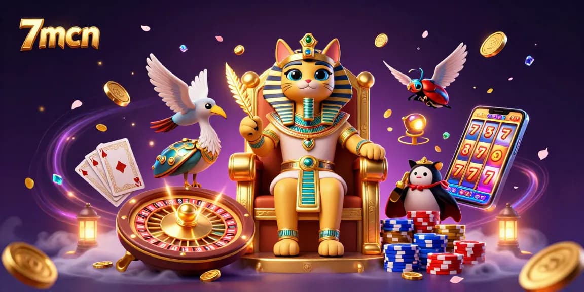 Experience thrilling gameplay at 7mcn with vibrant 3D illustrations showcasing casino elements.
