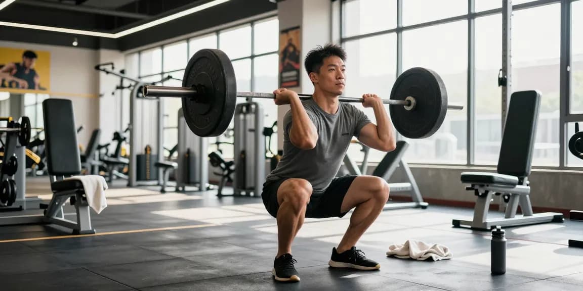 Bodybuilder performing a squat in a dynamic gym environment showcasing Prime Pharma Steroiden.