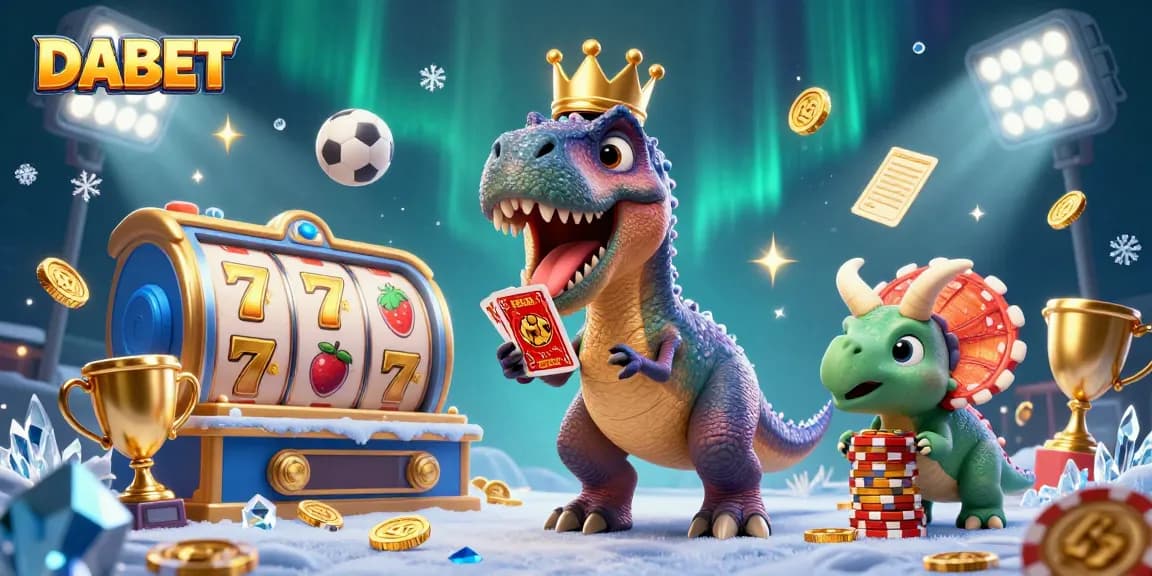 DABET showcases a lively 3D illustration with a friendly T-Rex, athletic pterodactyl, and chip-stacking triceratops in a vibrant casino setting.