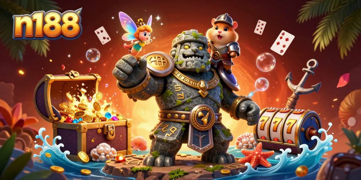Experience excitement at n188 with vibrant 3D illustration of a golem, fairy, and hamster knight surrounded by casino elements.