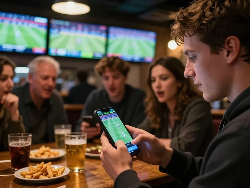 Person engaging in live sports betting through ai88bet app during a game, vibrant sports bar atmosphere.