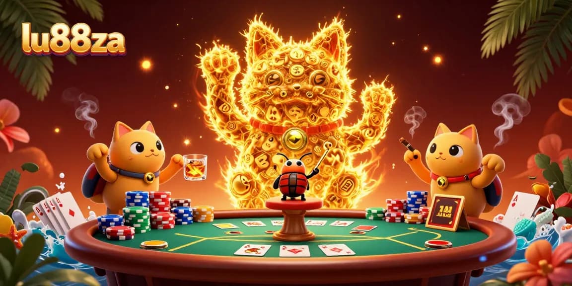 Engage with LU88ZA’s thrilling gaming experience, showcasing a vibrant lucky cat in a casino setting.