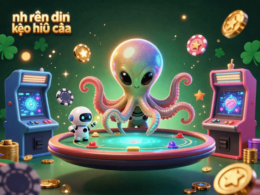 Engaging dynamics of nhận định kèo nhà cái with alien octopus at a poker table amidst arcade adventure.