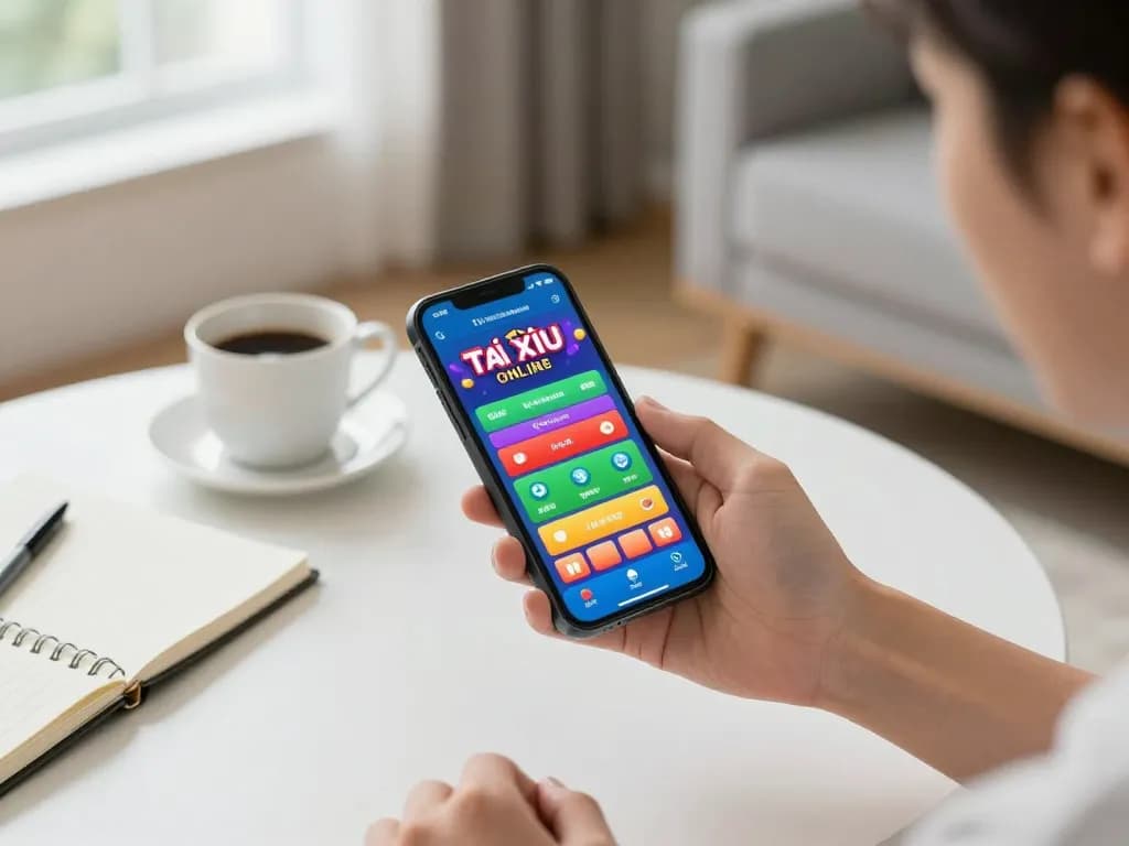 Engaging scene of a user playing app tài xỉu online on smartphone, showcasing vibrant interface and casual home setting.