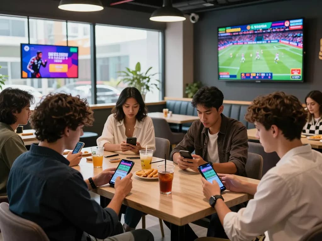 Friends enjoying live betting experience at Website Topbet in a vibrant gaming lounge.