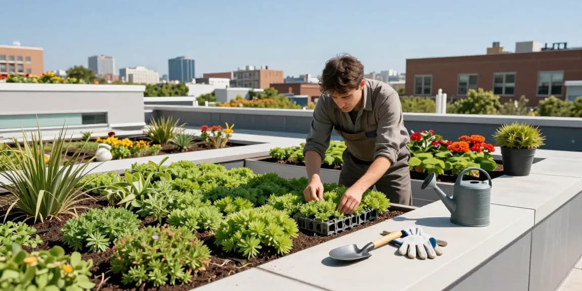 Sedumdak installeren met levendige sedumplanten om stedelijke duurzaamheid en milieuvriendelijke dakmethoden te bevorderen.