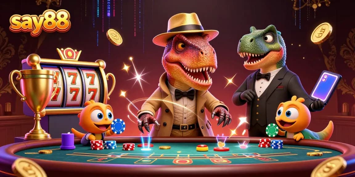 Experience excitement at say88 with a velociraptor card counter and stegosaurus pit boss in a thrilling casino scene.