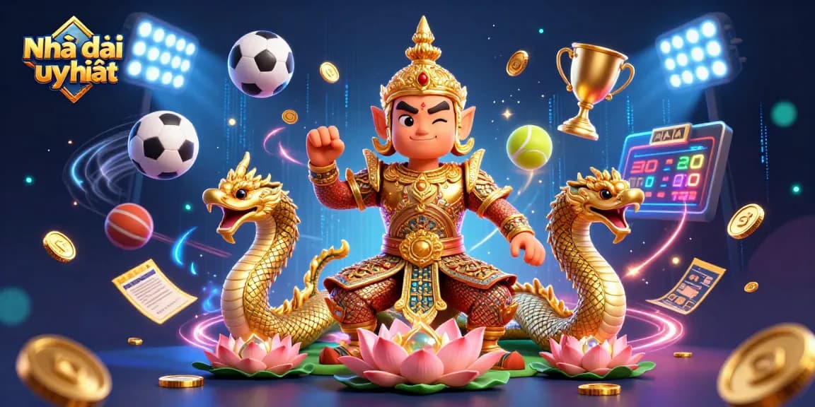 Betting excitement captured with Nhà cái uy tín surrounded by sports elements and dynamic visuals.