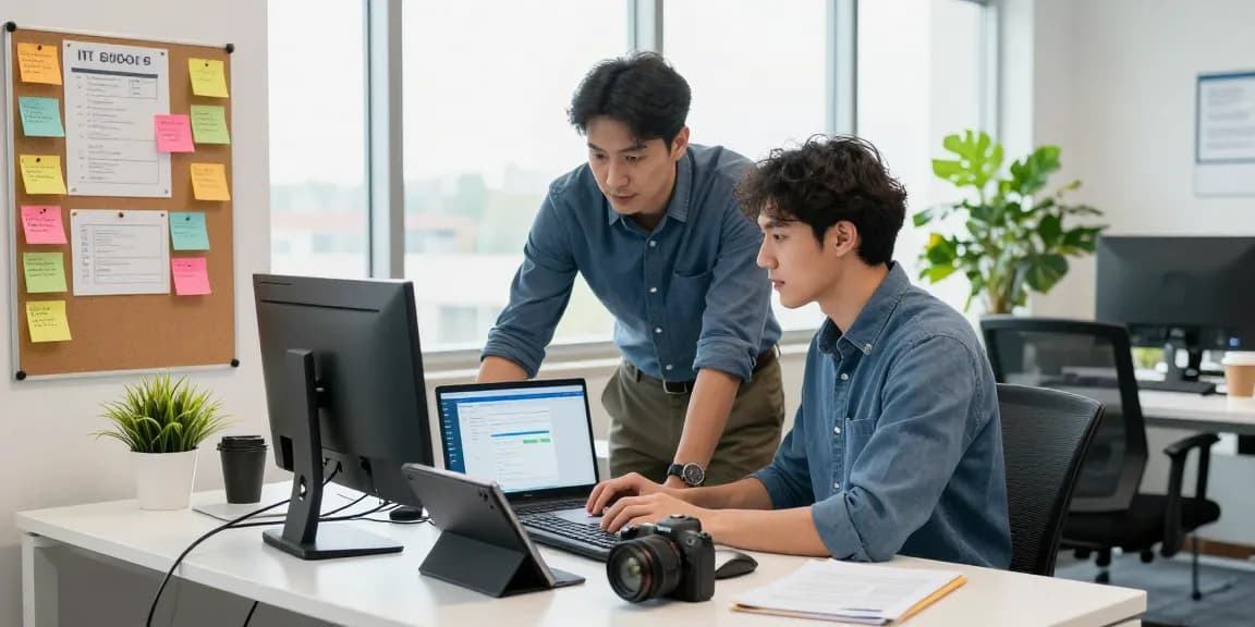 IT support small business technician assisting client with setup in a modern office environment, showcasing productivity and expertise.
