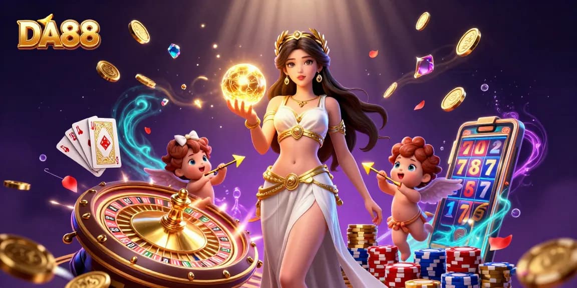 Experience DA88's thrilling casino atmosphere with a stunning Grecian goddess, Cupid characters, and vibrant game elements.