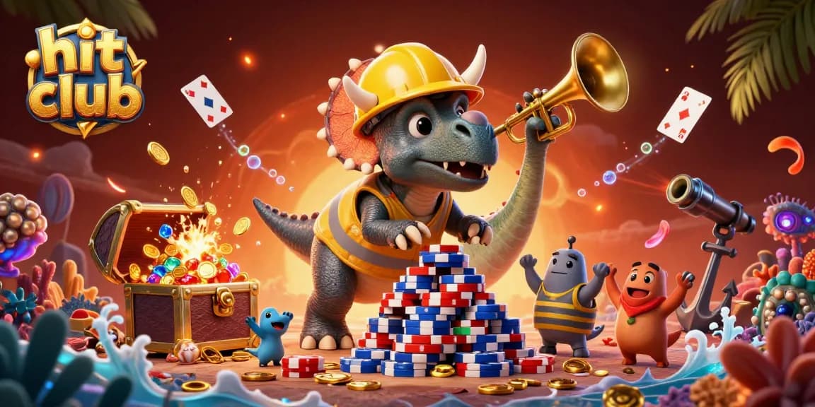Engage in thrilling gameplay at hit club with a vibrant 3D scene of cartoon dinosaurs building poker chip towers.