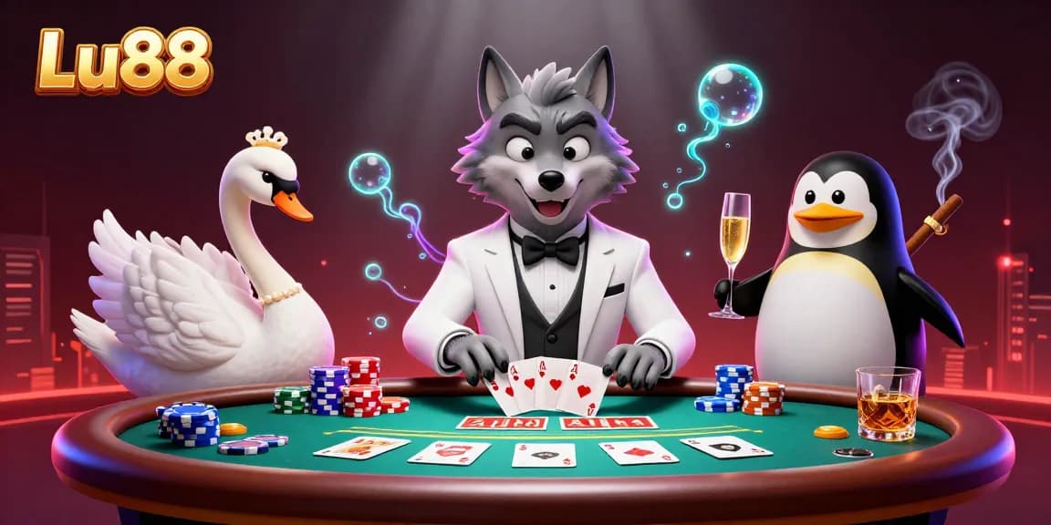 Lu88 players enjoying an engaging baccarat game with a stylish wolf, swan dealer, and sophisticated penguin.