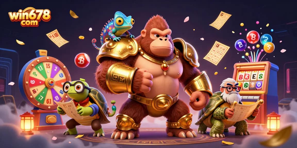 Experience thrilling play with win678 com, featuring a lively 3D illustration of gambling characters and dynamic elements.