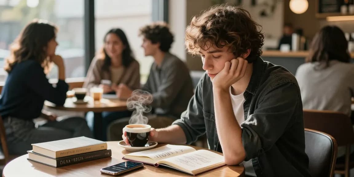 Engaging cafe scene illustrating rokok88 login themes of vulnerability and connection, with a young adult reflecting on life's challenges.