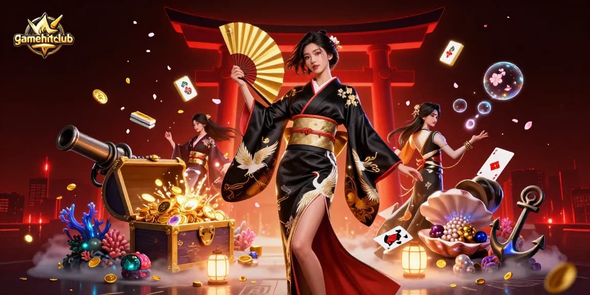 Win big at gamehitclub with an elegant Asian woman in a dynamic casino scene full of excitement and winnings.