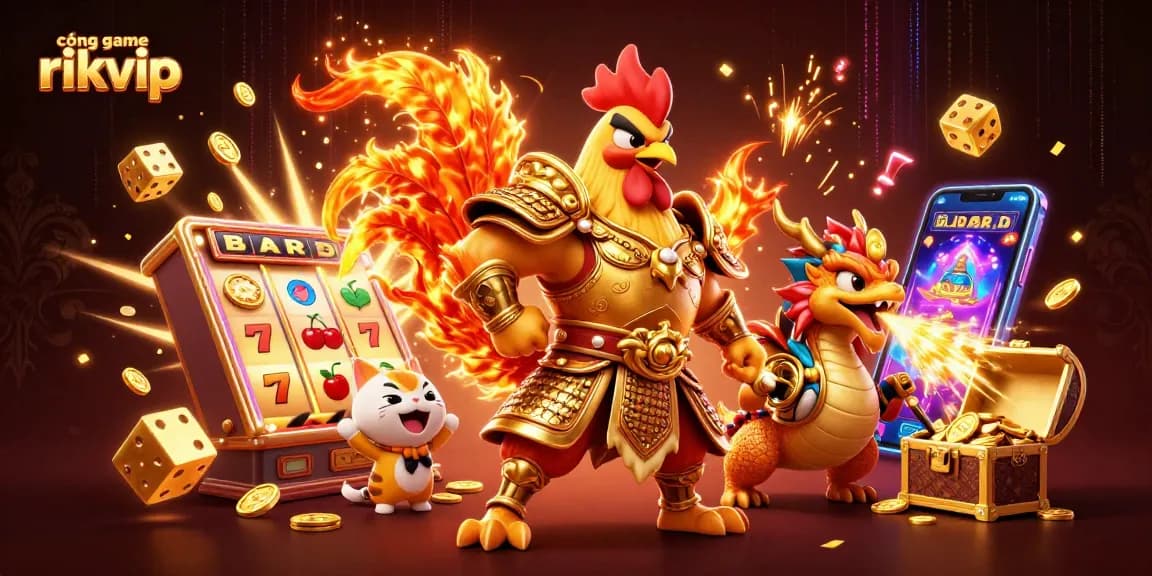 Win big at cổng game rikvip with a vibrant 3D casino party featuring dynamic characters and flashing game elements.