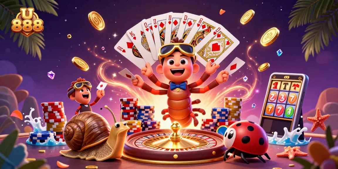 Experience thrilling gameplay at U 888 with dealers and dynamic game elements in this vibrant 3D illustration.