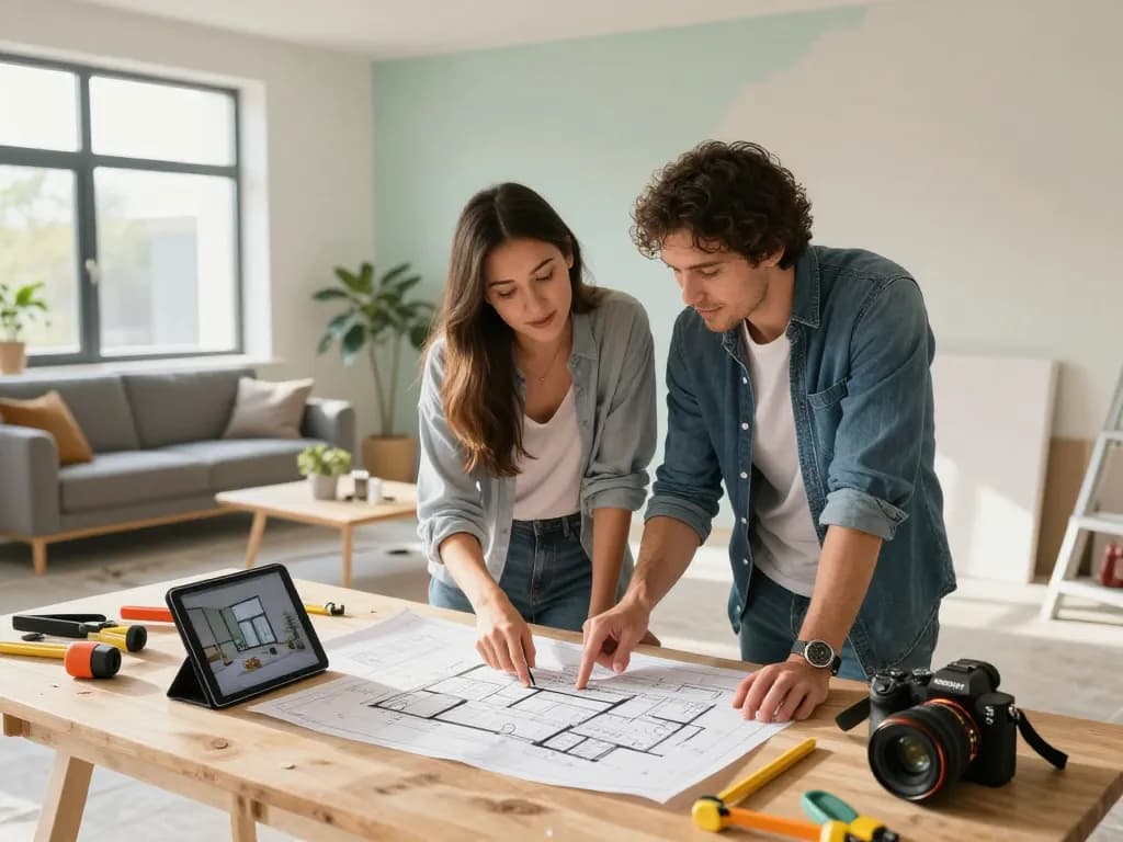 Koppel plant verbouwing en verhuizing Utrecht met renovatieplannen en tablet in een lichte woonkamer.