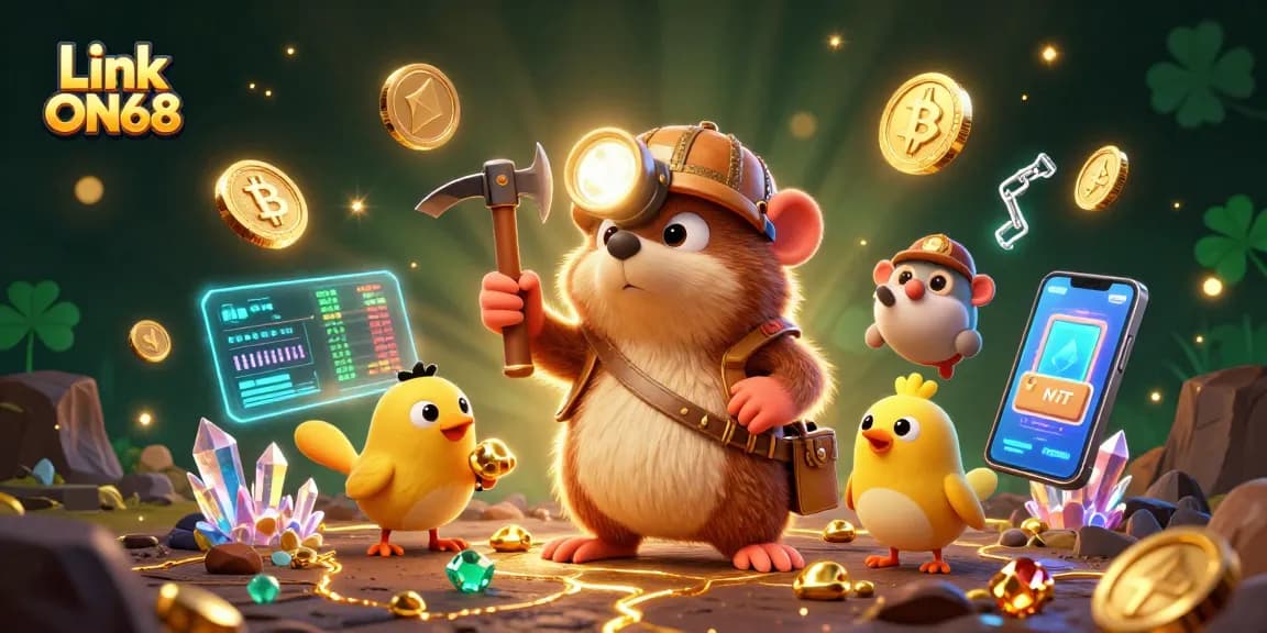 Experience excitement with Link ON68 in a vibrant 3D illustration featuring a treasure hunter mole and crypto elements.
