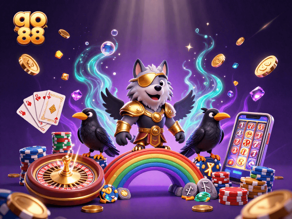 Experience big wins at go 88 with a vibrant casino illustration featuring Odin and rich gaming elements.