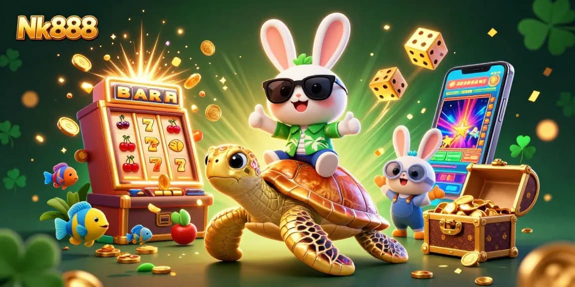 Experience thrilling gaming at Nk888 with a lucky rabbit and sea turtle amidst vibrant casino elements.