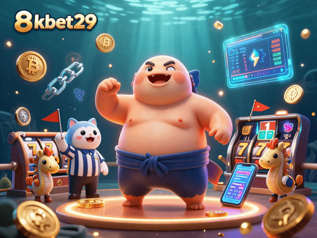 Engage with the vibrant underwater casino scene of 8kbet29 featuring a playful fugu and lively elements.