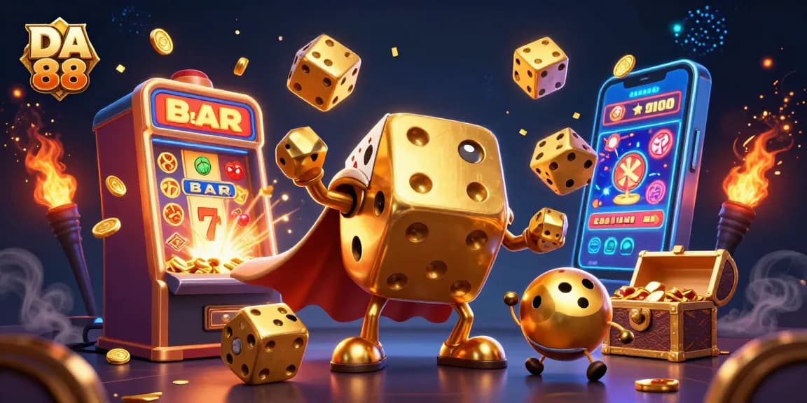 Engage in thrilling gaming experiences at DA 88 with our vibrant 3D casino illustration showcasing golden dice and exciting jackpots.