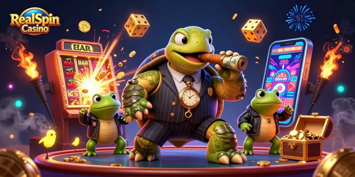 Slot symbolen en goud stralen uit RealSpin Casino met een grappige schildpad en bullfrog