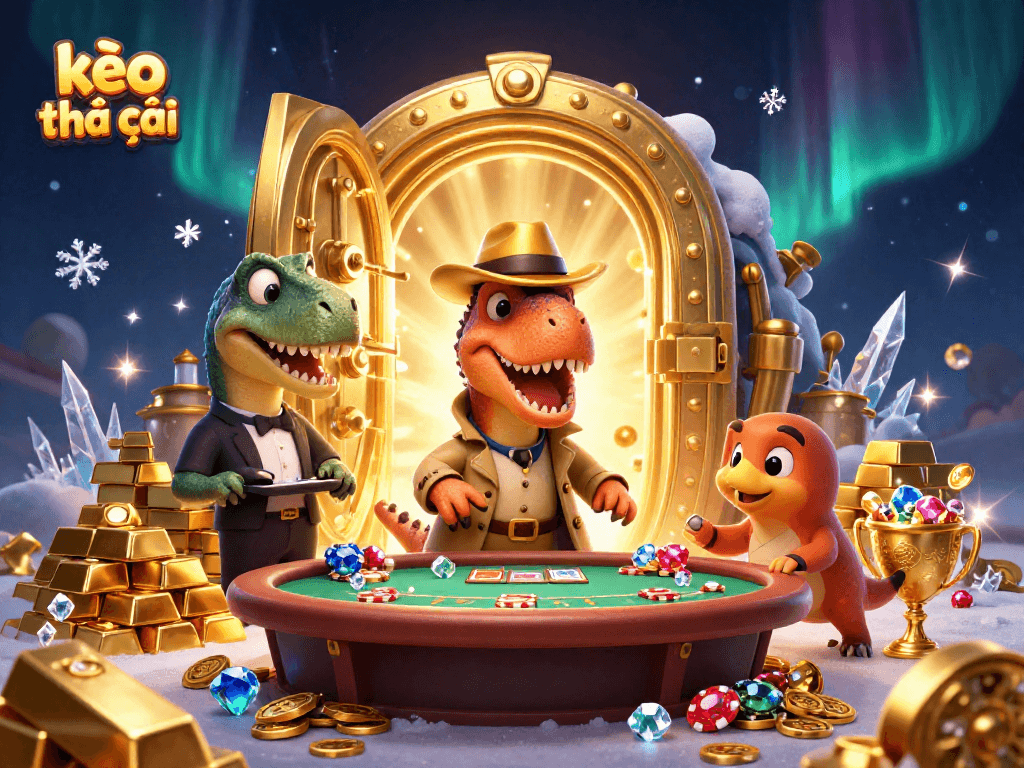 Engaging kèo nhà cái scene with a velociraptor card counter and dazzling casino elements.