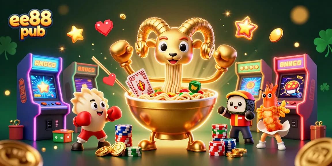 ee88 pub celebrates exciting gameplay with a golden ramen bowl dealer, sushi roll dealer, and cheering shrimp