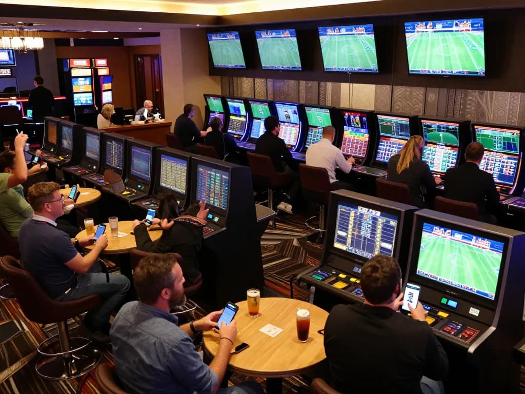 rik88 enthusiasts engaged in lively sports betting, celebrating victories amidst screens displaying live events.