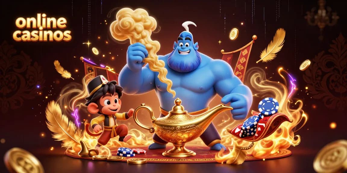 Engage with online casinos through an enchanting 3D scene featuring a genie, monkey, and poker chips.