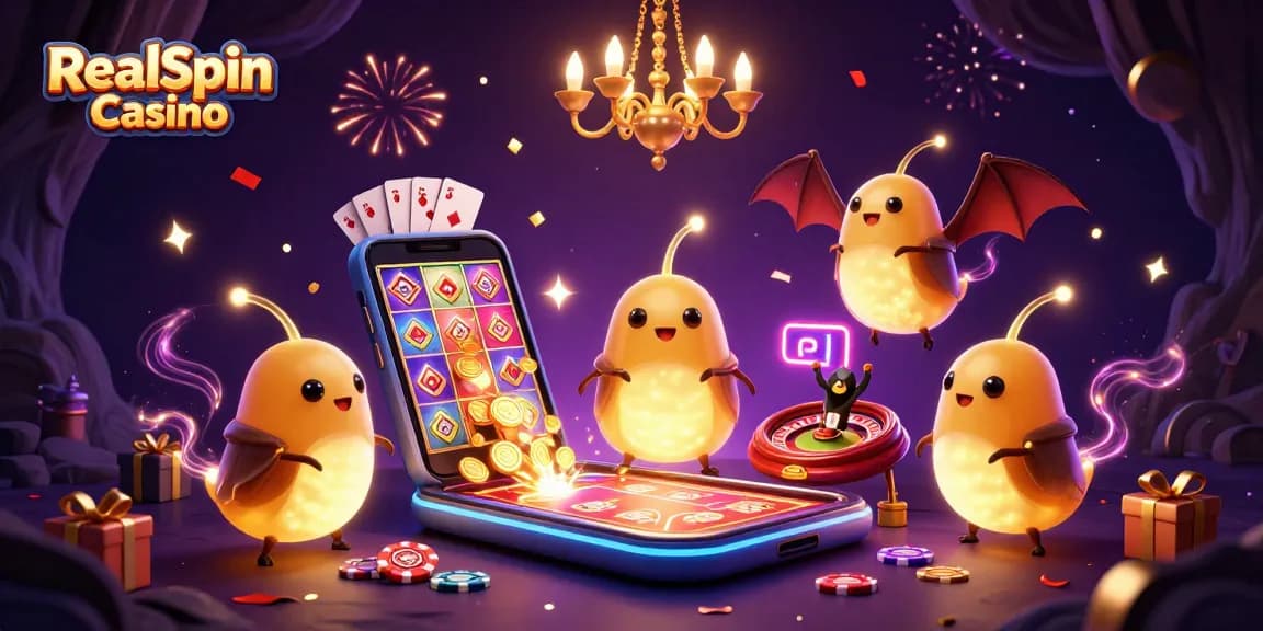 Embrace the thrill at RealSpin Casino with glowworms lighting up a vibrant cave casino scene.