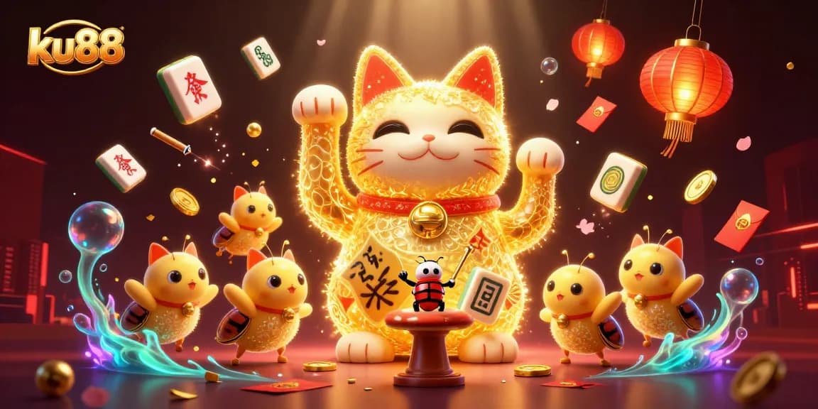 Experience winning moments at ku88 with the giant lucky cat surrounded by vibrant casino elements.