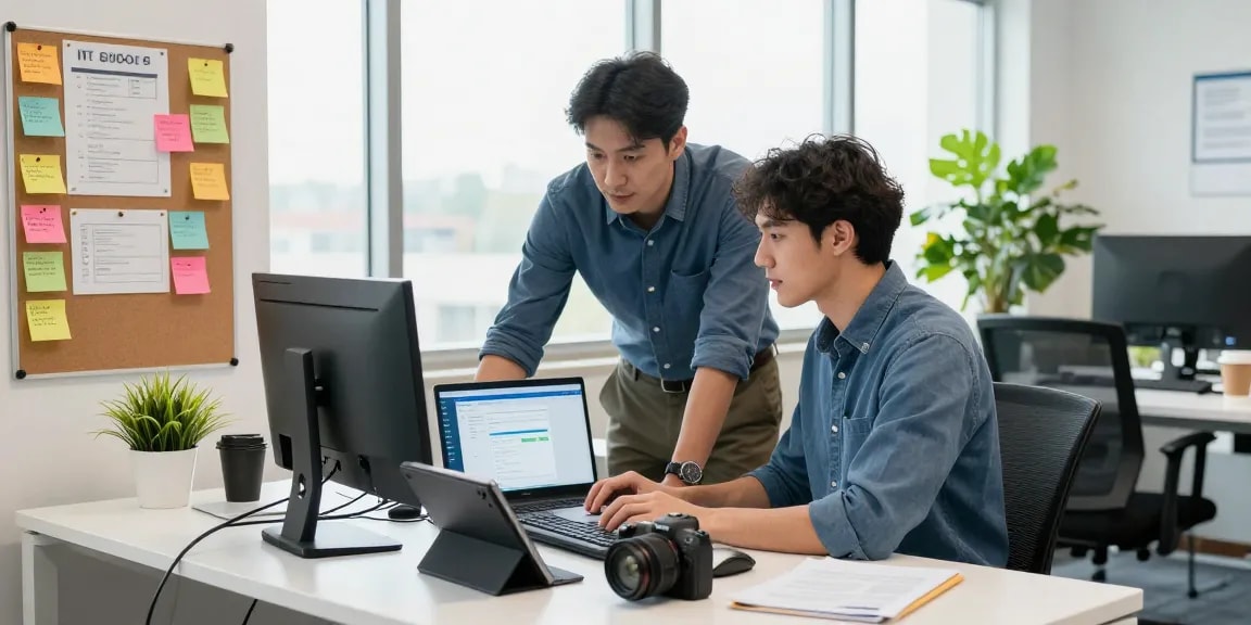 IT support small business technician assisting client with setup in a modern office environment, showcasing productivity and expertise.