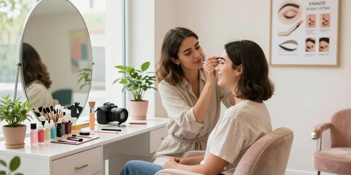 Permanente wenkbrauwen applicatie in een helder beauty studio, met een schoonheidsspecialiste en klant interactie.