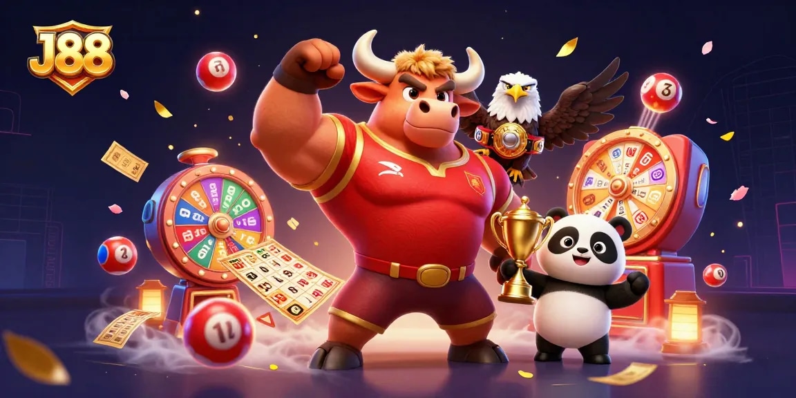 Experience exciting J88 gaming action with colorful lottery balls and cheerful mascots celebrating wins.