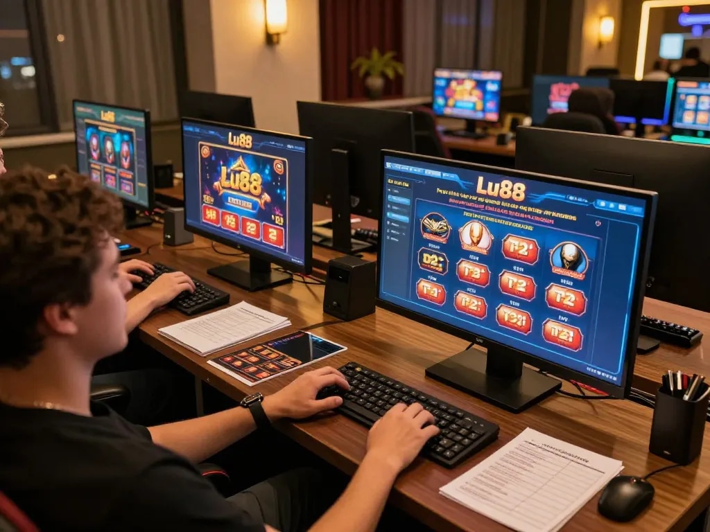 Playing Lu88 online casino games on multiple screens in an inviting home gaming setup