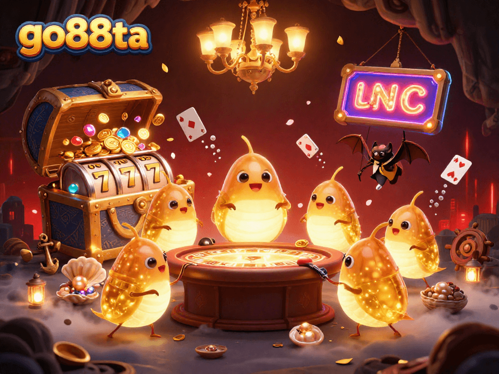 Experience the vibrant glow of go88ta as glowing glowworms illuminate a cave casino scene with lively slot elements.