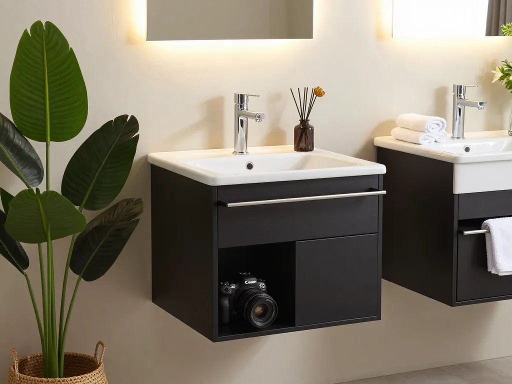 Stijlvol ink wastafelmeubel in een moderne badkameromgeving met elegante ontwerpelementen.