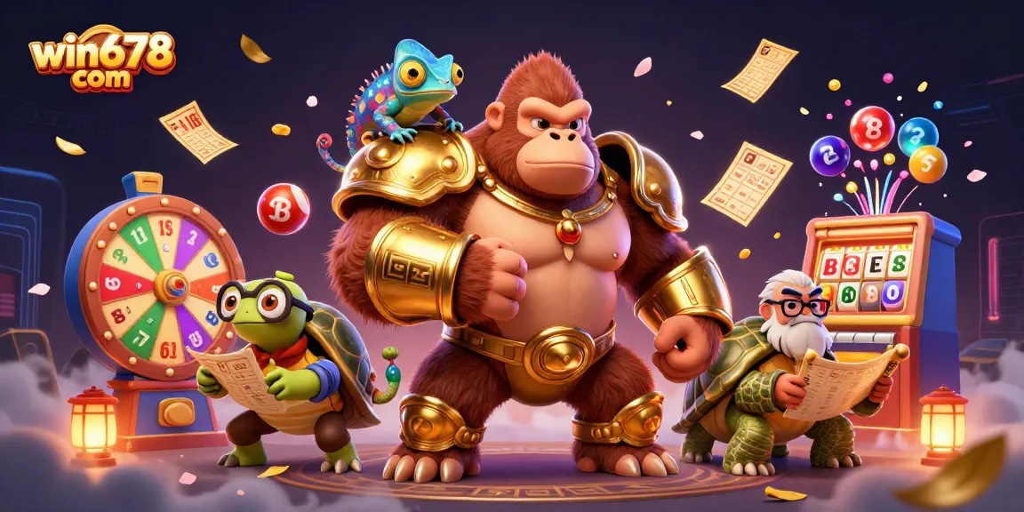 Experience thrilling play with win678 com, featuring a lively 3D illustration of gambling characters and dynamic elements.
