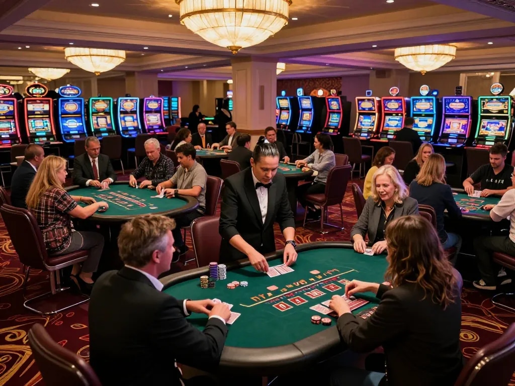 Players strategizing at Red 88 blackjack tables in a lively casino atmosphere filled with excitement.