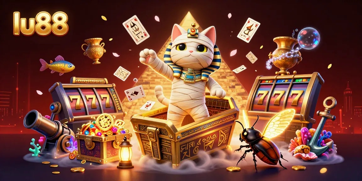 Experience the excitement of lu88 slots with a 3D cartoon Egyptian mummy cat and captivating gaming elements.