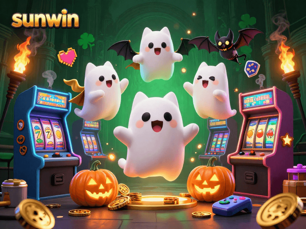 Play to win at sunwin with a lively haunted casino scene featuring ghostly characters and vibrant game elements.