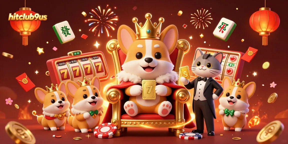 Hitclub9us showcases an engaging gaming scene with a regal corgi, vibrant slots, and festive decorations.