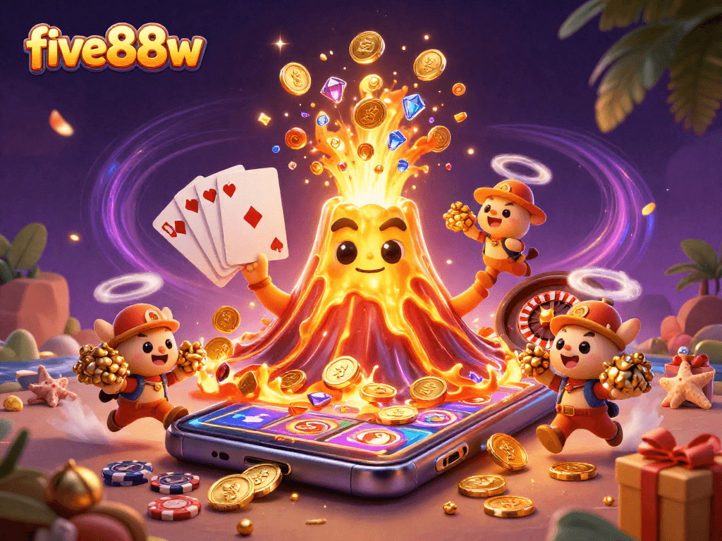 Experience thrilling wins at five88w with a dazzling volcano erupting treasure in a vibrant casino scene.