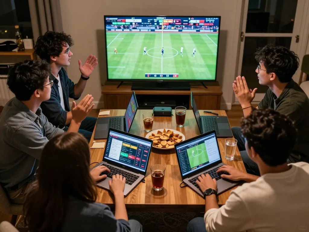 Excited friends analyzing Tỷ lệ kèo nhà cái at a home sports betting session with drinks and snacks