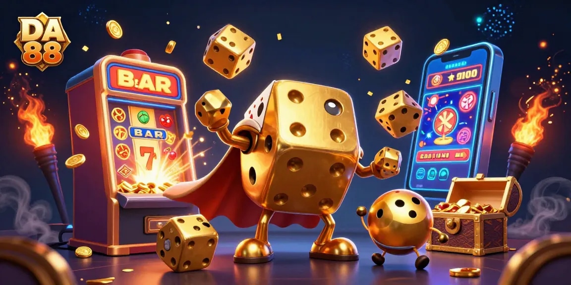 Engage in thrilling gaming experiences at DA 88 with our vibrant 3D casino illustration showcasing golden dice and exciting jackpots.