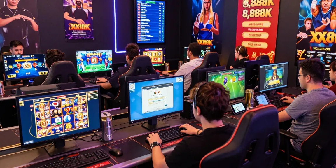 Diverse group of players enjoying various games on the XX88 platform, showcasing the energetic atmosphere of online gambling with the highlighted Rr8i welcome bonus.